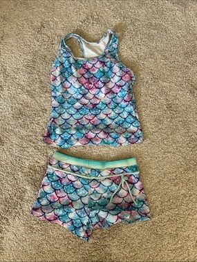Girls Mermaid Scale Tankini Set - Pink Blue Teal